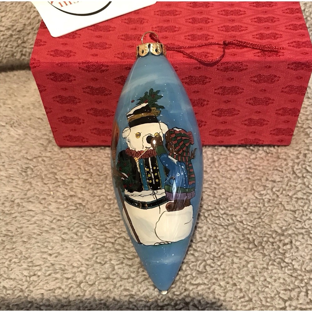 FIGI Bear Snowman‎ Christmas Ornament Inside Out Painted Glass Peggy Abrams